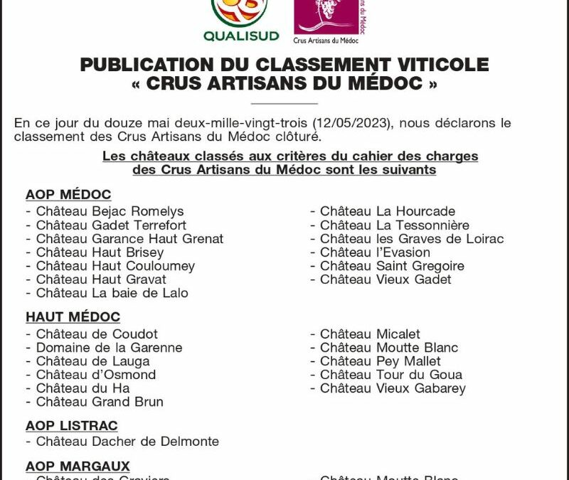 CLASSEMENT VITICOLE CRUS ARTISANS DU MÉDOC